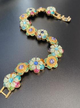 中古新款浪漫甜美闪钻绿色花朵手绘珐琅釉卡扣手链手环饰品
