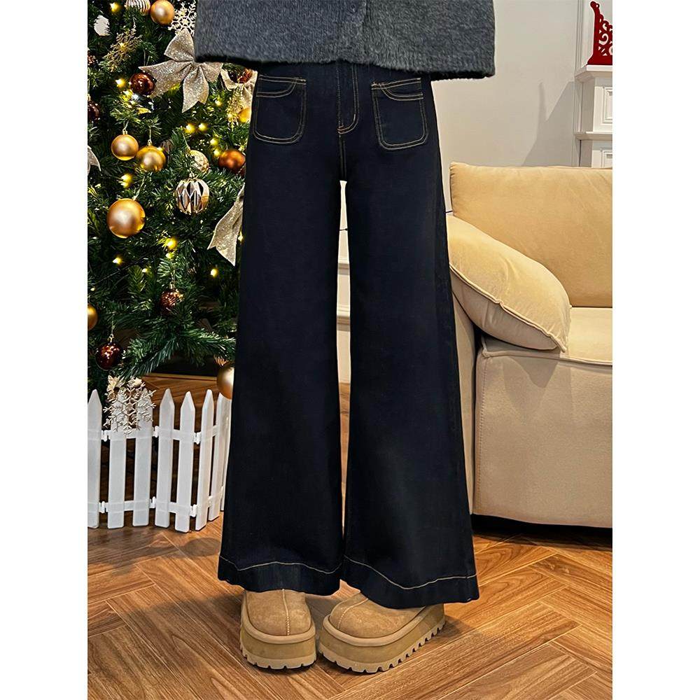 深蓝色牛仔裤女秋冬加绒大码胖mm梨形身材宽松高腰显瘦直筒阔腿裤,淘宝优惠券,粉丝福利购,淘宝优惠卷