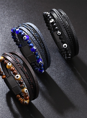 复古蓝眼睛虎眼石皮革手链