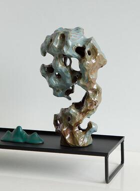 陶艺太湖石陶瓷马托盘香炉摆件新中式茶室书房书柜茶几软装饰品