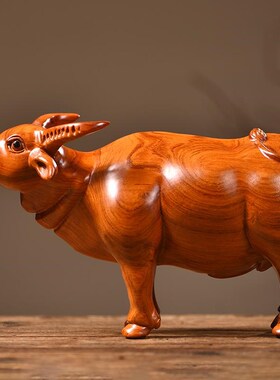 花梨木雕牛摆件牛气冲天实u木黄牛工艺品十二生肖动物客厅开业送