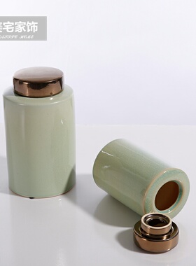 现代简约装e饰罐室内家居用品 冰裂纹白青色陶瓷储物罐 直身圆盖