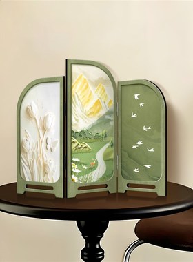 法式复古桌面摆件客厅小屏风装饰画中古风入户玄关边柜电视柜摆画