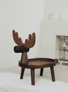 北美黑胡桃木钥匙盘m萌鹿置物盘玄关置物架多功能托盘桌面乔迁摆