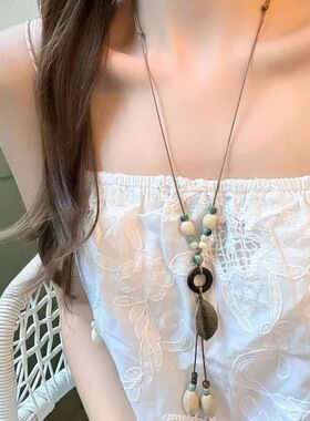 复古树叶长款毛衣链女小众设计感民族风叠戴项链四条装