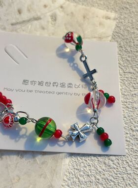 欧美圣诞季配饰红绿复古DIY圣诞老人树雪人拐杖雪花手链 厂家现货