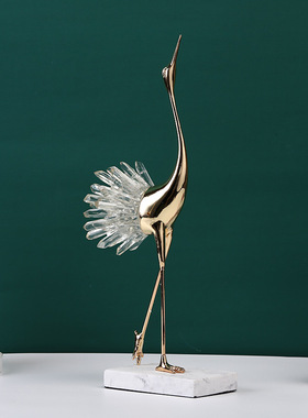 新中式软装家居客厅电视柜玄关轻奢透明水晶P仙鹤摆件金属工艺品