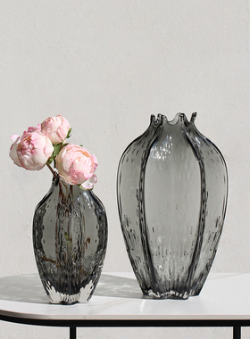 现代简约透明灰色k玻璃杨桃花瓶摆件样板间客厅卧室餐厅花器装饰