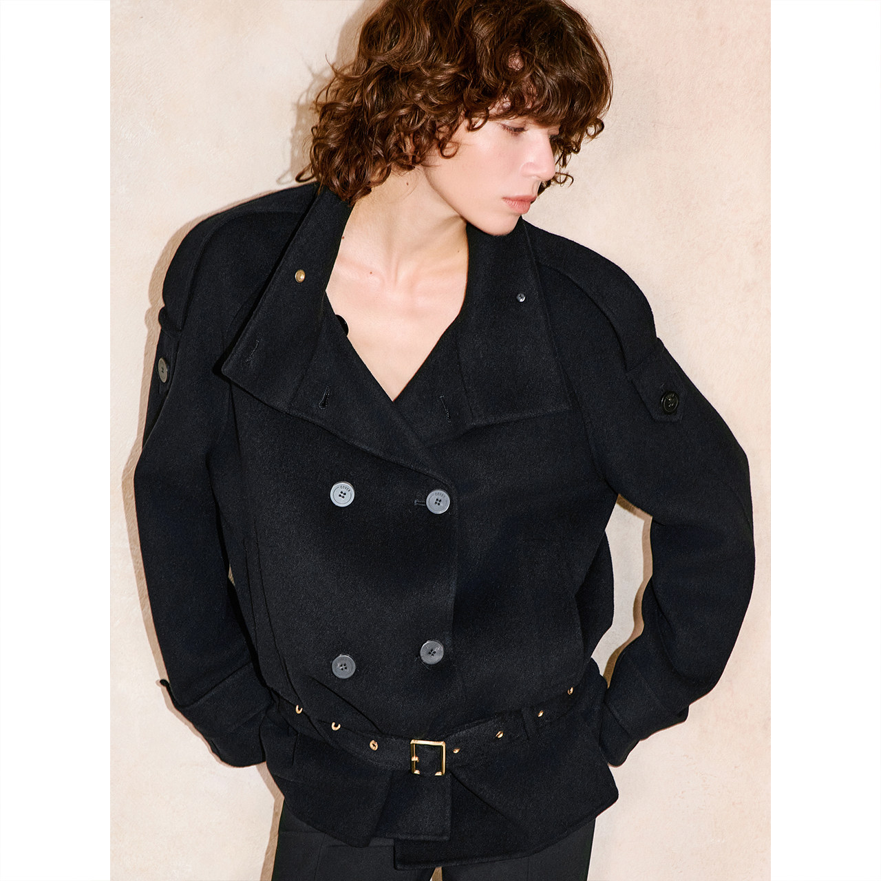 COVERINS羊毛立领双排扣系带风衣大衣女短款2025冬新款CC35510190,淘宝优惠券,粉丝福利购,淘宝优惠卷