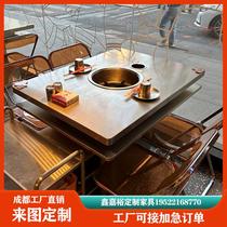 Customized stainless steel grilled table smoke-free hot pot table induction cooktop integrated commercial barbecue string and chairs combination