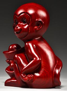 红色木头小猴子摆件实木质雕刻十二生肖木制猴子吉祥物装饰工艺品