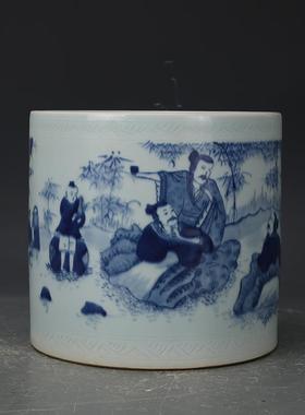 大清康熙年制青花竹林七贤笔筒 包老瓷器 旧货老货 收藏品