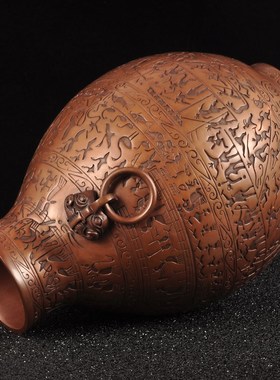 紫铜渔猎攻战壶摆件仿古铜器工艺品家居L客厅电视柜博古架装饰品