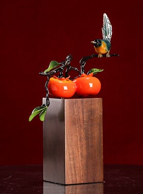 纯铜事事如意摆件柿子喜鹊t客厅玄关博古架新居乔迁开业送礼装饰