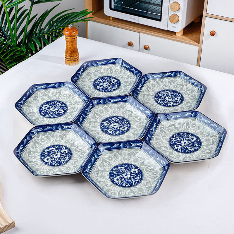 青花瓷六角拼盘套装组合拼盘可加选8英寸汤碗复古陶瓷盘餐具中式