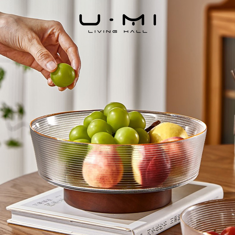 U Mi LIVING · 纹澈 | 果盘轻奢玻璃水果盘实木底座透明条纹果篓,淘宝优惠券,粉丝福利购,淘宝优惠卷