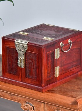 赞比亚紫檀花g开富贵四大美女镜箱红木雕花首饰盒实森珠宝收纳箱