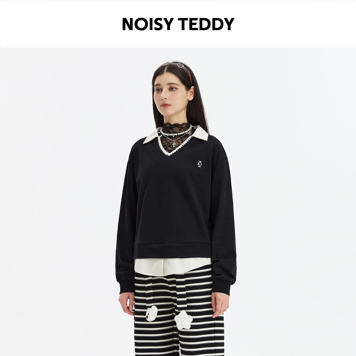 NOISY TEDDY25年秋季新款时尚假两件女士V领长袖套头卫衣宽松休闲 - 图0