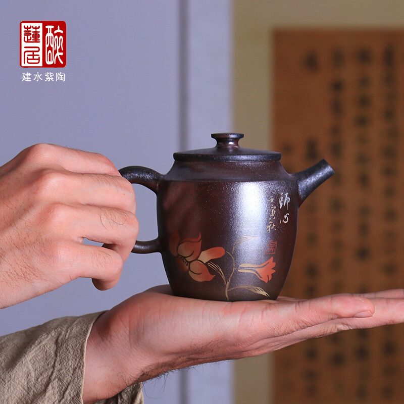 建水紫陶壶复古柴烧壶泡茶壶功夫茶壶普洱茶壶/彩填柴烧壶 W33 - 图0