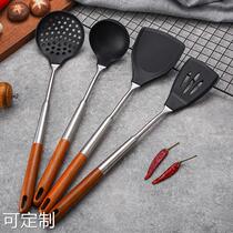 304 Stainless Steel Fancy Pear Wood Silicone Pan Shovel Scoop Spoon Non Stick Pan Fried Vegetable Silicone Gel Soup Spoon Kitchen Home