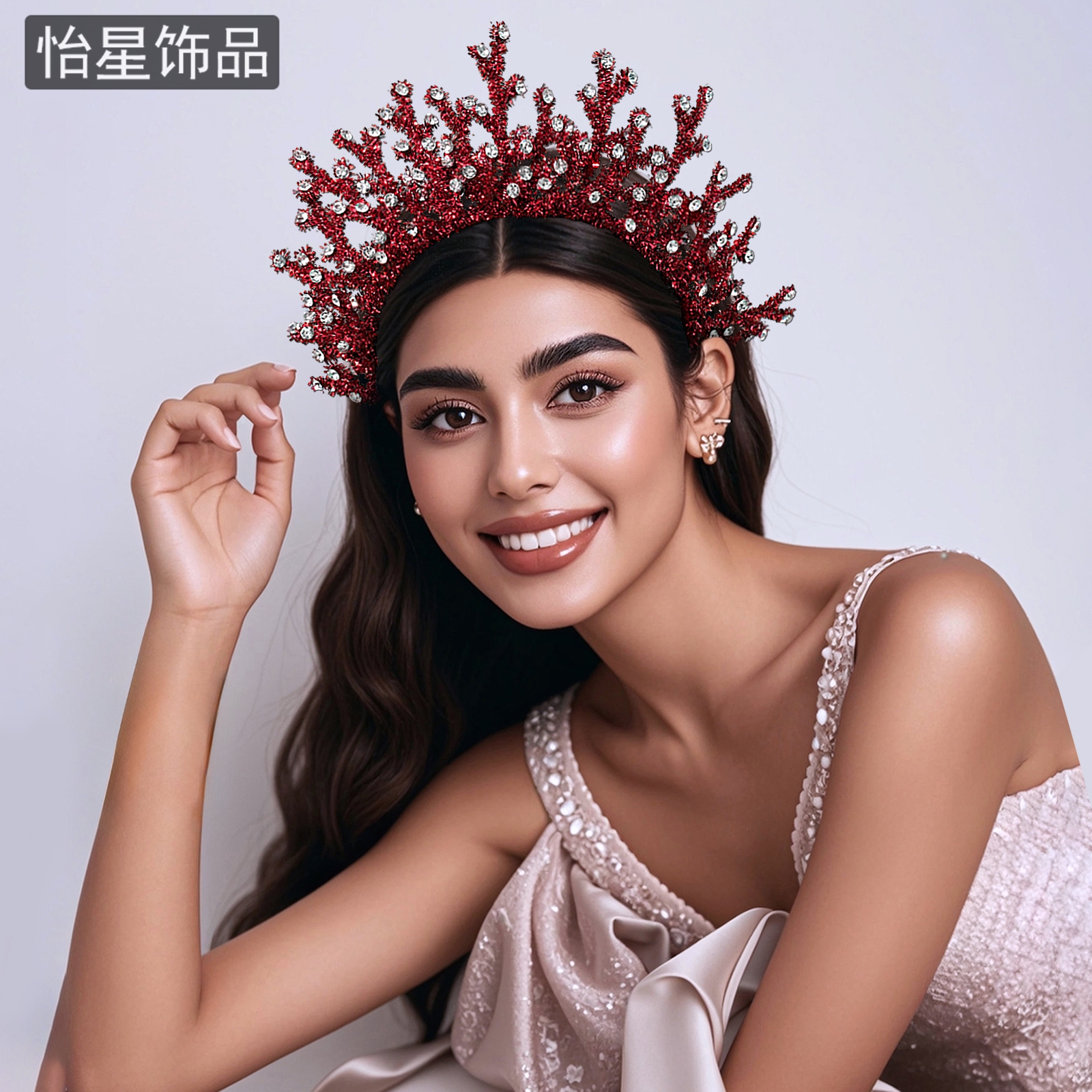 怡星高级感欧美新娘婚纱发箍红色发饰银色镶嵌水钻皇冠配饰A387 - 图2