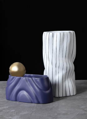 现代简约家居陶瓷黑白花瓶摆件样B板房间客厅北欧树脂插花器软装