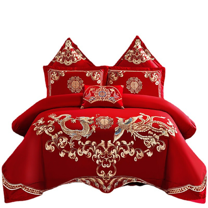 新疆包邮婚庆结婚四件套100支纯棉刺绣套件大红床单被套床上用品