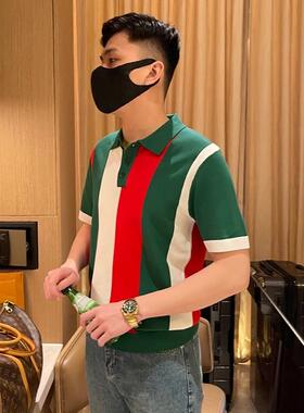 男士夏季Polo衫上衣2025潮牌百搭款轻奢高端拼色气质冰丝翻领短袖