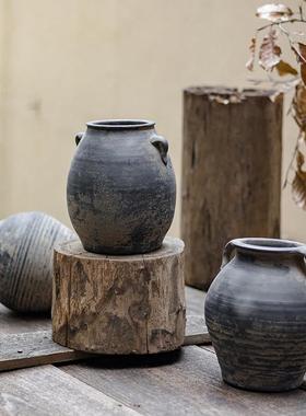 掬涵复古黑陶陶罐禅意粗陶插花摆件客厅仿古土陶罐子新中式花瓶