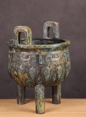 中国青铜器仿古摆件商代蝉纹圆鼎三足鼎办公室装饰商务礼品收藏品