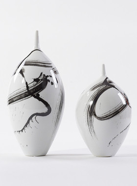 极速新中式陶瓷白色花瓶细口w样板房软装摆件简美酒店售楼处花器