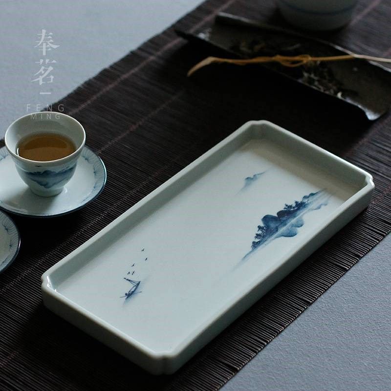 纯手绘古青c花陶泥山水茶盘 壶承杯垫功夫茶具单层干泡台茶道/零,淘宝优惠券,粉丝福利购,淘宝优惠卷