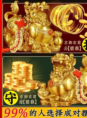 铜貔貅摆件公母一对招财旺财聚财纯黄铜客厅家用办公室皮丘貔犰