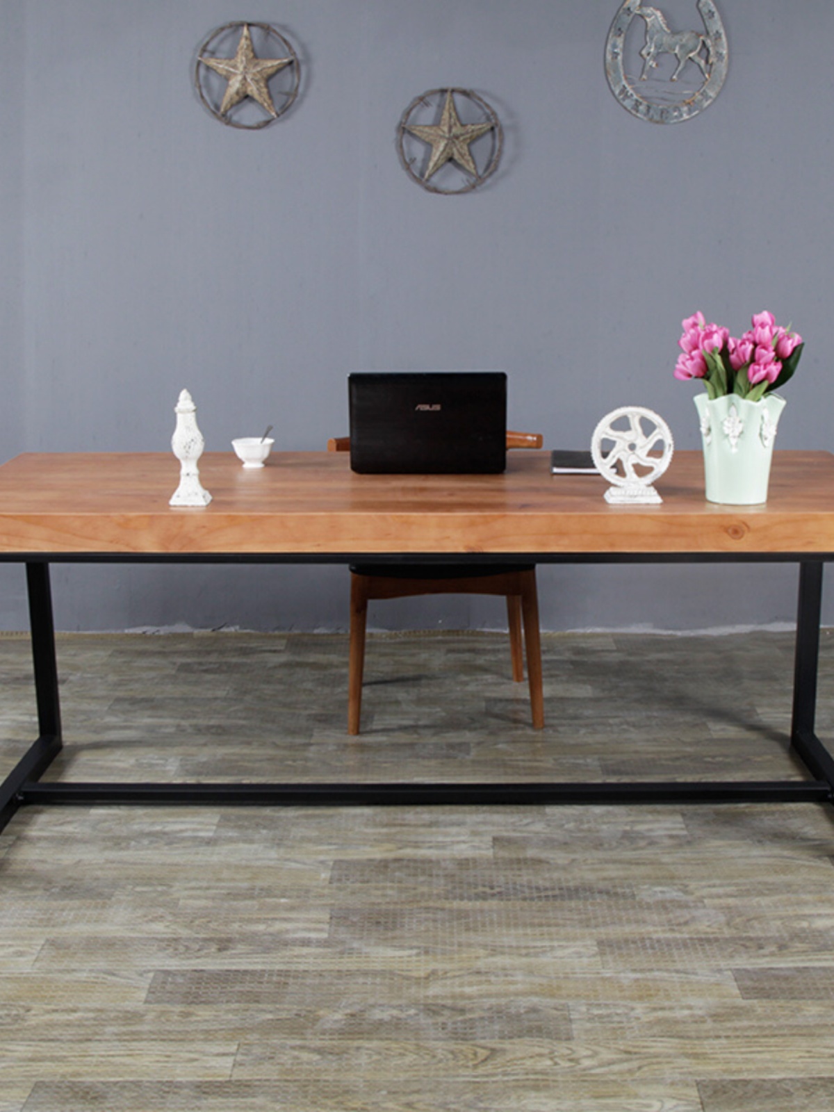 新实木餐桌椅组合 复古铁艺长桌长方形原木餐桌约咖啡桌品