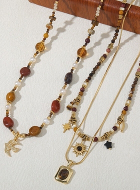 天然石串珠不锈钢项链