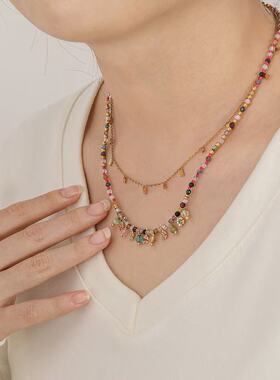 春夏新款度假风小众多宝石彩色项链小花锁骨链设计多巴胺少女配饰