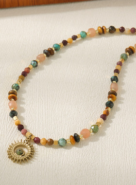 法式暖色复古虎眼石太阳花吊坠