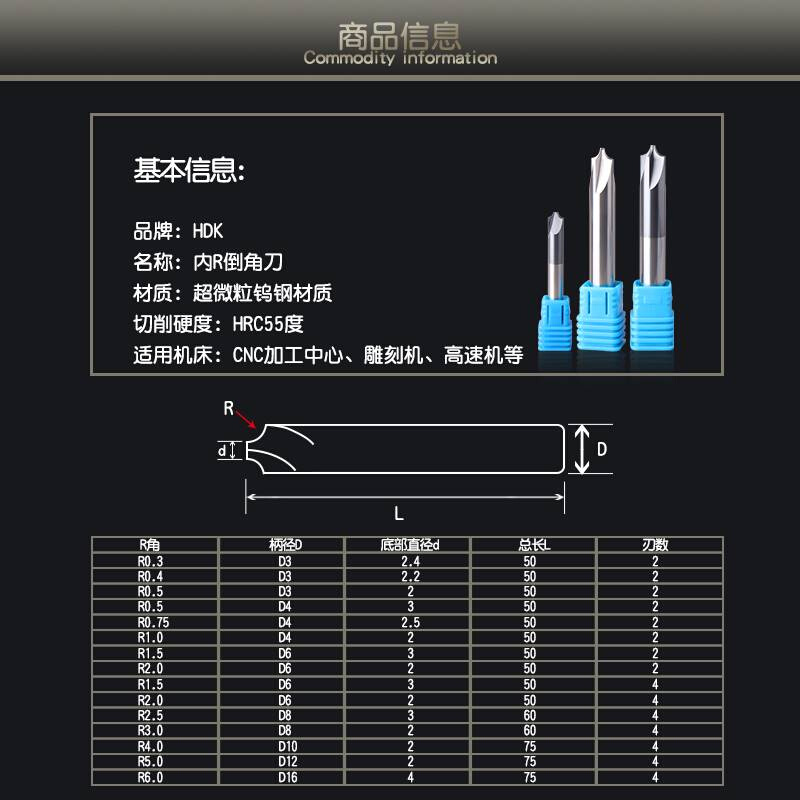 钨钢涂层内R铣刀硬质合金倒边刀HDK倒角刀反圆弧铣刀R0.3-R6内R刀 - 图0