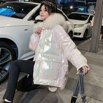 2023 new white dazzling free and bright face big fur collar white duck suede laser down jacket with female short jacket tide