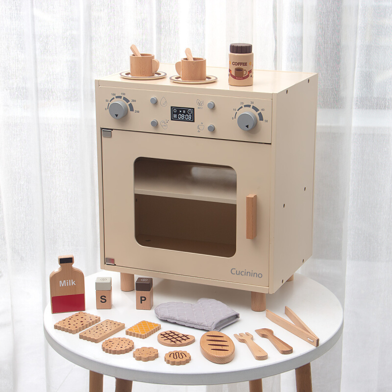 厨房玩具套装奶油风下午茶做饭菜木制儿童仿真过家家烤箱烤炉烘 - 图0