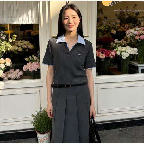 【现货】NOTHING WRITTEN针织衫上衣V领翻领短袖针织套头衫上衣女 - 图1