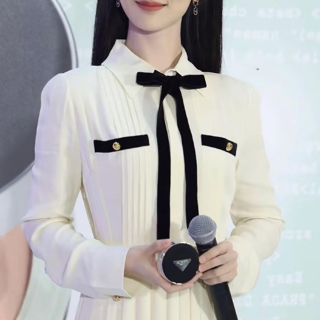 【现货】NOTHING WRITTEN杨紫同款法式塔克褶衬衫女优雅领带上衣 - 图2