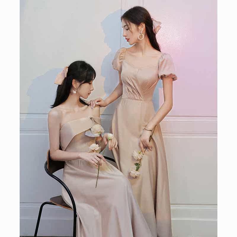 伴娘服2024新款姐妹团长裙平时可穿高级小众大码缎面礼服女秋冬季
