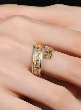 复古做旧925银黄财神心咒戒指