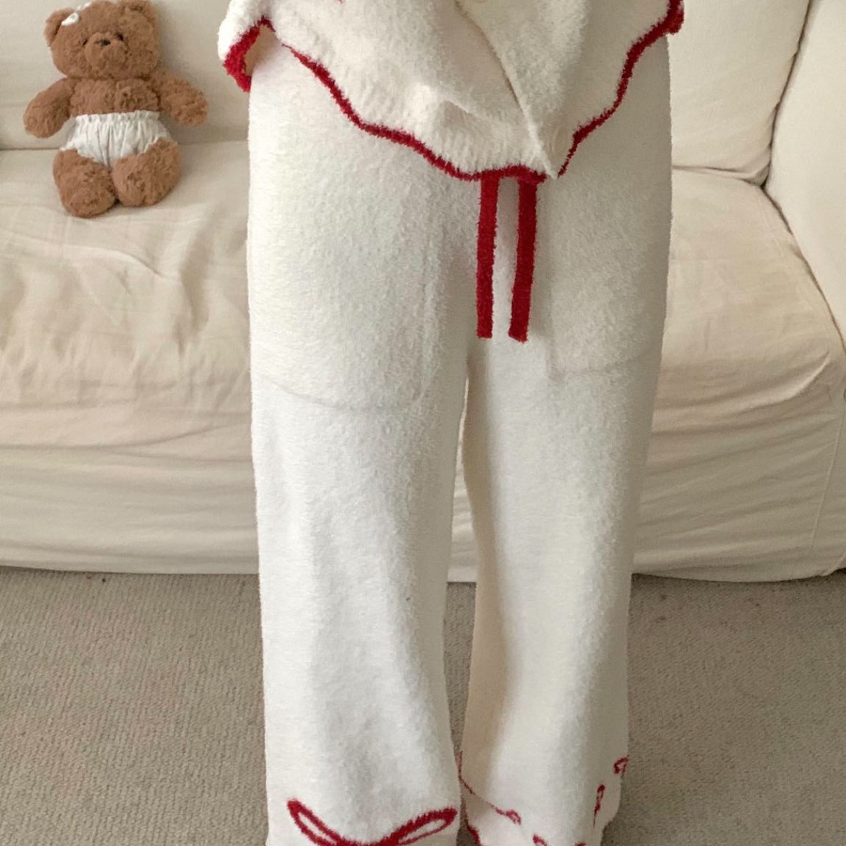 TOMORROW-红丝带韩系红白蝴蝶结翻领居家半边绒上衣+裤子睡衣套装,淘宝优惠券,粉丝福利购,淘宝优惠卷