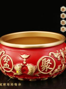 红色聚宝盆黄铜摆件家居八福招财玄关客厅电视柜办公黄铜米缸全铜