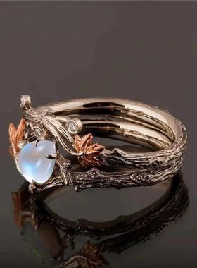 古董老钱风枫叶月光石戒