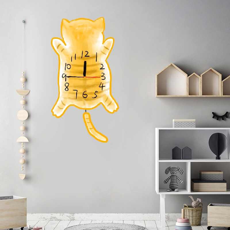 摇尾猫咪卡通儿童超静音挂钟家用客厅卧室可爱时尚创意胖橘时钟表 - 图1