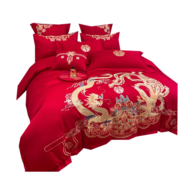 新中式婚庆四件套大红色床单龙凤刺绣被套结婚床上用品陪嫁婚房,淘宝优惠券,粉丝福利购,淘宝优惠卷