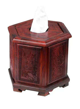大红酸中式六角纸巾盒雕花红木卷纸盒餐纸盒枝客厅摆件